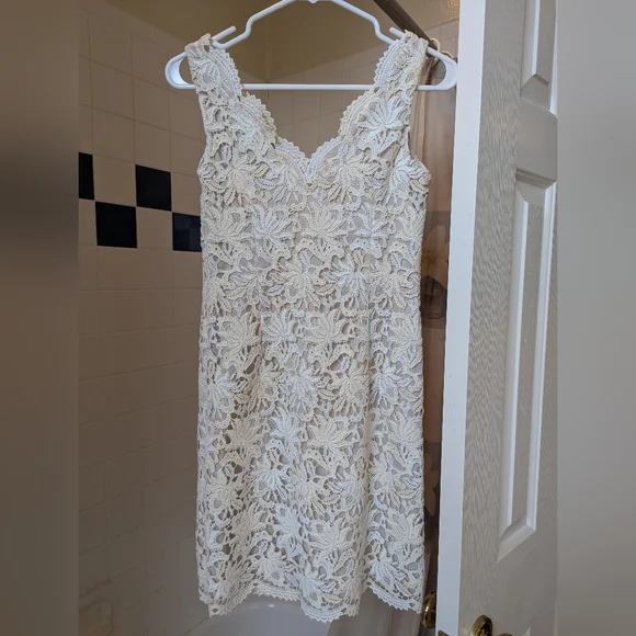 NWT Ann Taylor Sleeveless Lace Overlay Dress Cream Beige Lined Size 00P - Picture 7 of 14